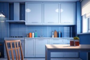 A bright, modern kitchen with blue tiles, sleek cabinets, and a wooden table topped with jars and fresh lemons.