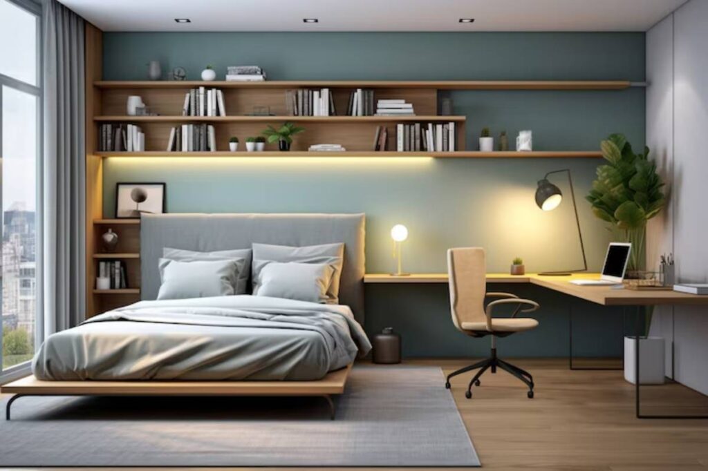 Modern bedroom with a cozy bed, wooden shelves filled with books, and a workspace featuring a desk, chair, and potted plants.