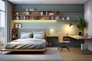 Modern bedroom with a cozy bed, wooden shelves filled with books, and a workspace featuring a desk, chair, and potted plants.