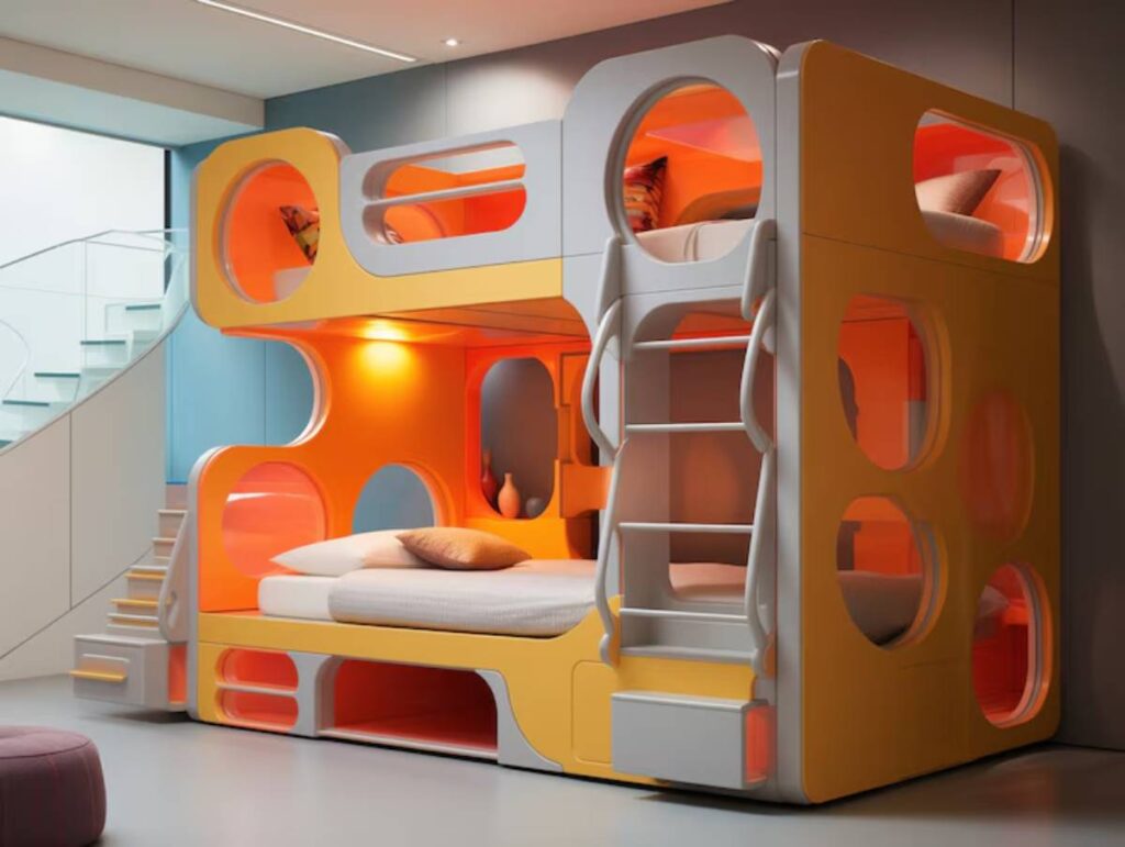 A colorful, modern bunk bed with round cutouts and orange lighting, featuring a ladder and two sleeping areas designed for playful comfort.
