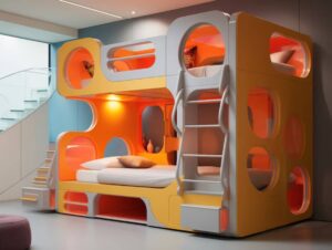 A colorful, modern bunk bed with round cutouts and orange lighting, featuring a ladder and two sleeping areas designed for playful comfort.