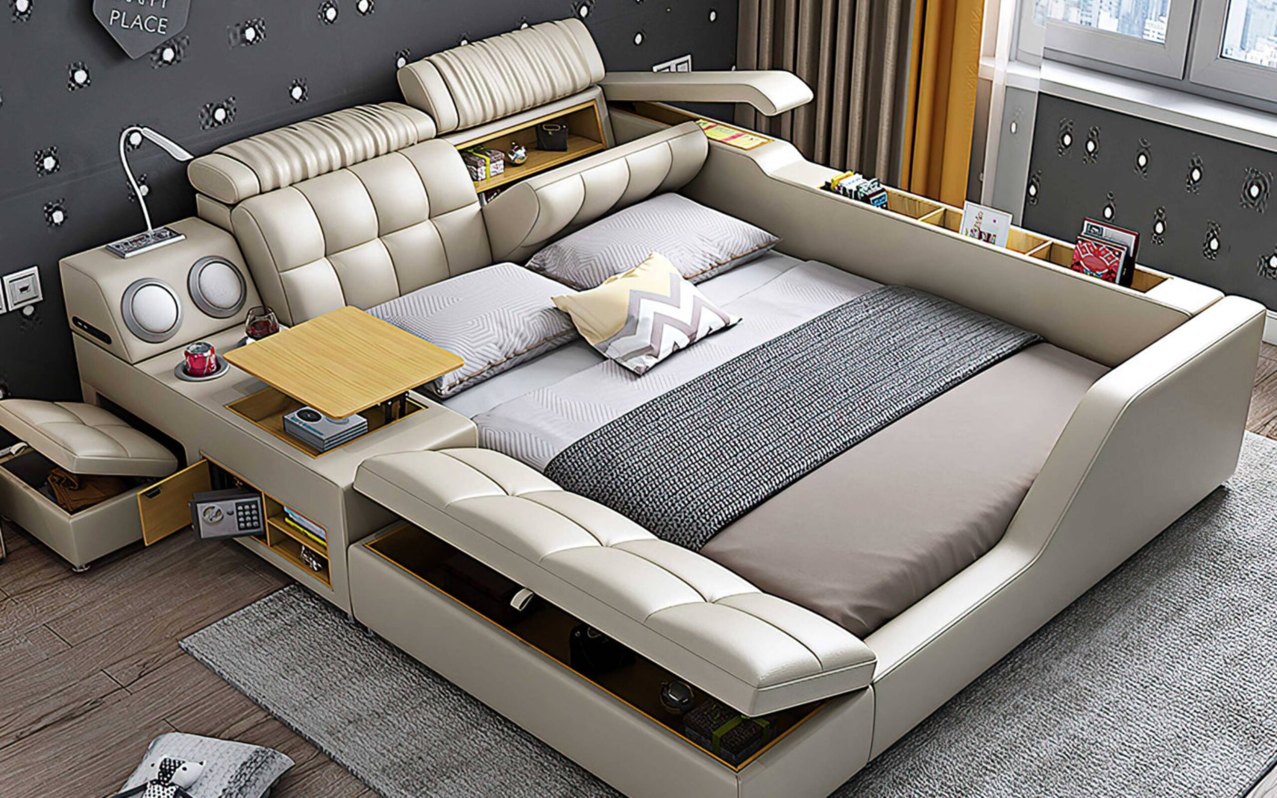 A stylish multifunctional sofa bed with storage, featuring plush seating, a wooden table, and built-in speakers, set in a modern room.