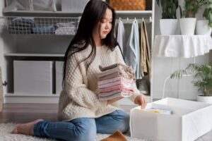 A person in a cozy sweater organizes neatly folded clothes, holding a stack of pastel-colored shirts near a storage box in a stylish room.