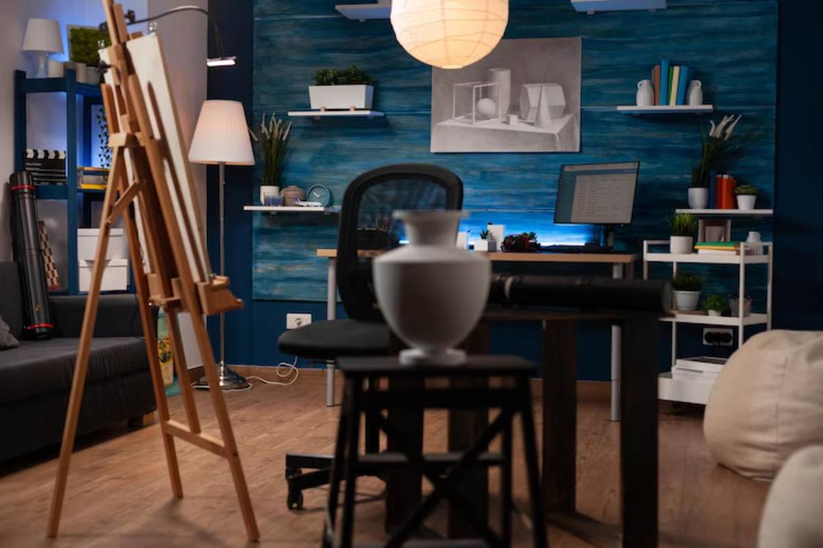 A cozy home office featuring an easel, desk with computer, plants, and art supplies, against a blue accent wall. Soft lighting adds warmth.