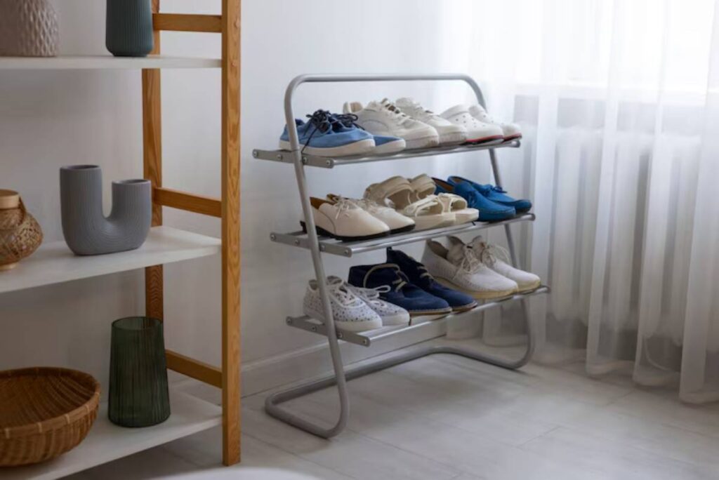 A shoe rack with various types of shoes organized neatly, alongside decorative vases and baskets in a bright, airy room.