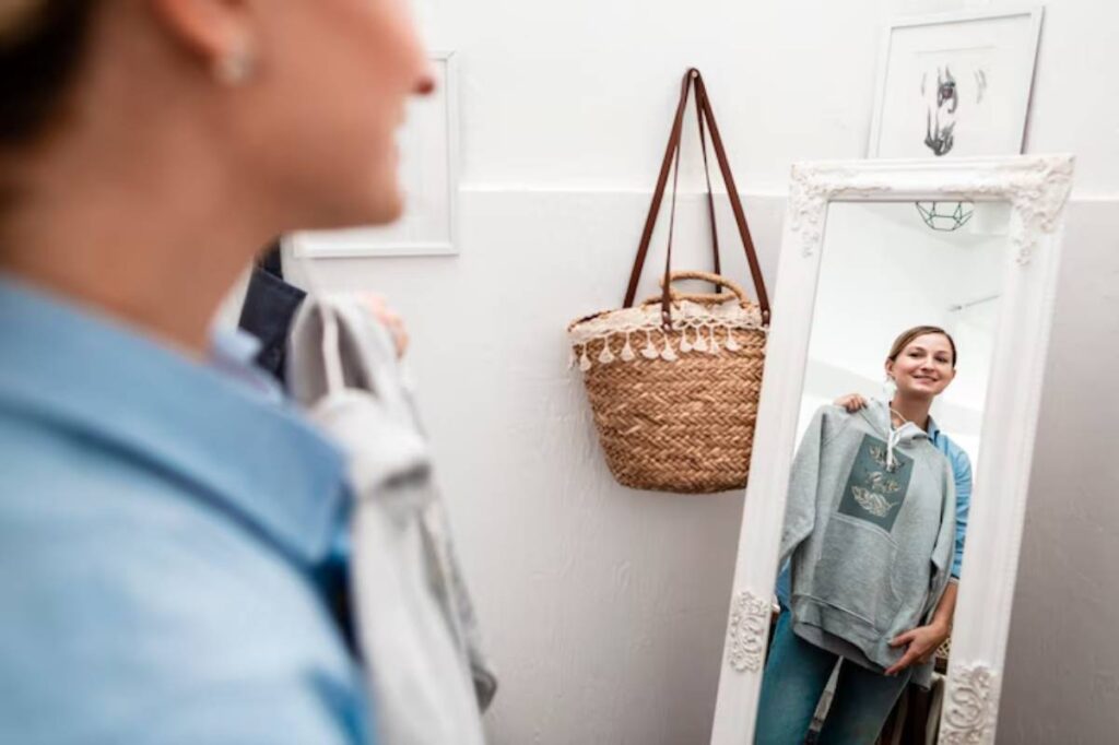 A person holding a gray hoodie stands in front of a mirror, with a woven bag hanging on the wall nearby.