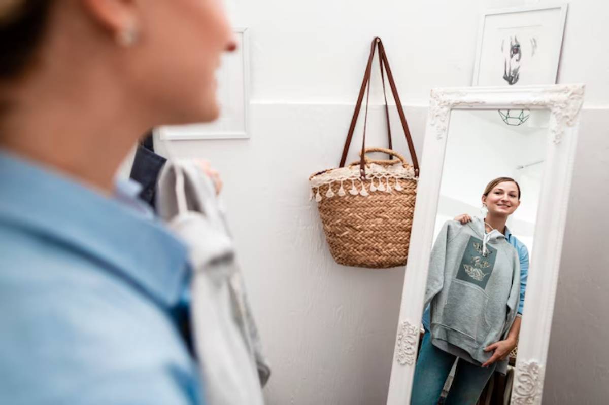 A person holding a gray hoodie stands in front of a mirror, with a woven bag hanging on the wall nearby.
