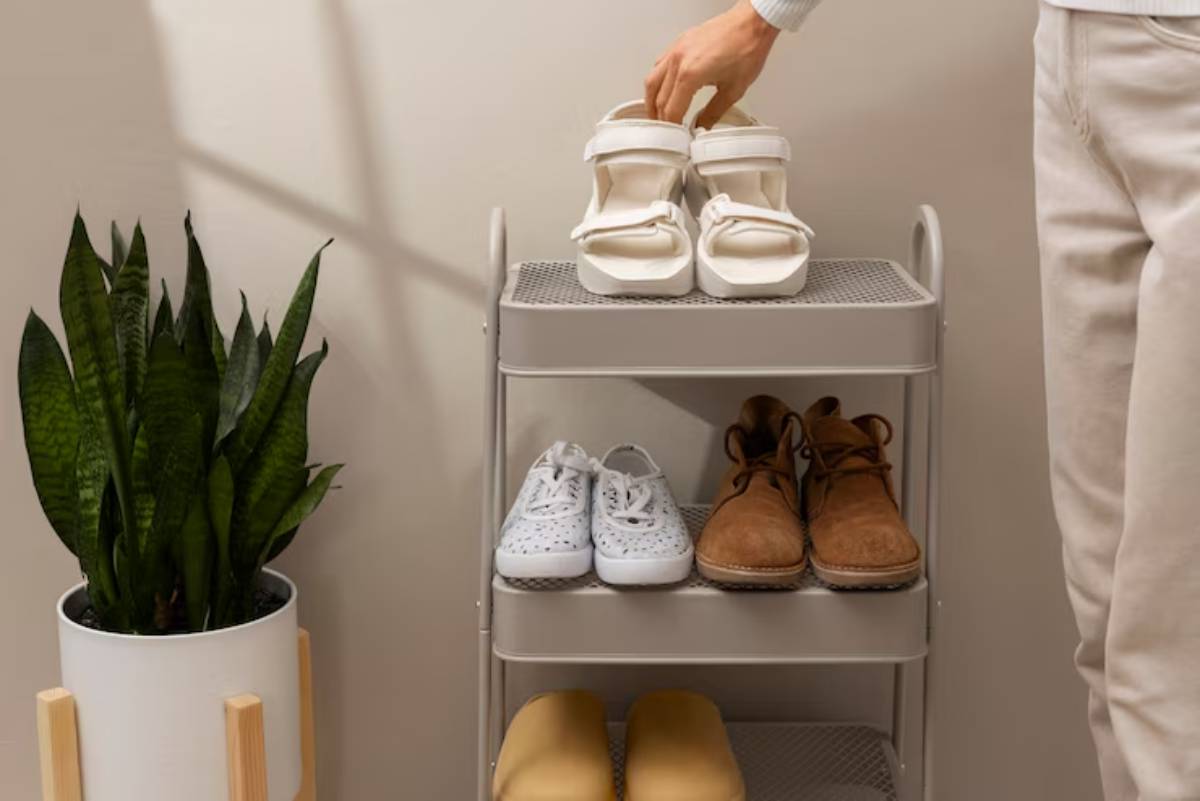 A hand places white sandals on a shoe rack beside a potted snake plant, featuring various shoes on its shelves.