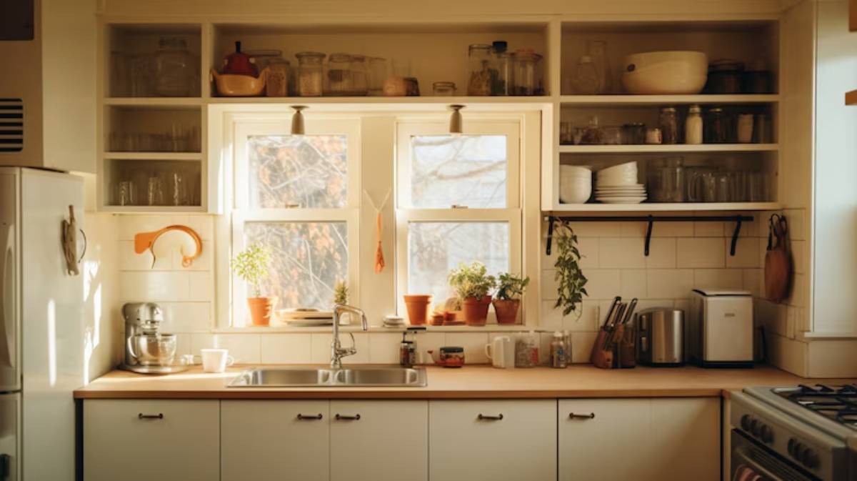 Bright kitchen featuring a double sink, wooden countertop, houseplants, and glassware against sunlit windows and open shelves. 
