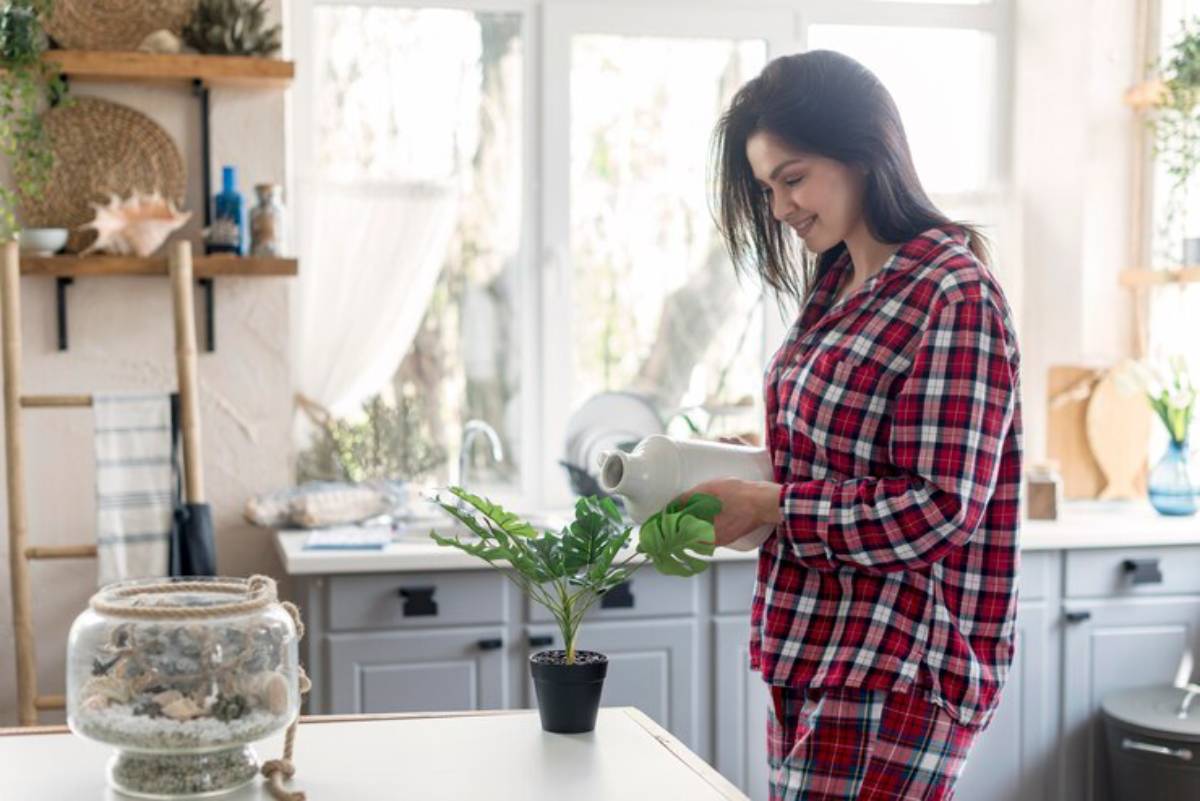  A person in a plaid pajama set waters a small potted plant in a bright, airy kitchen filled with natural light.