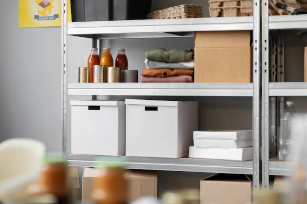 A metal storage shelf displaying jars, boxes, folded clothes, and containers, organized and neatly arranged in a tidy room.