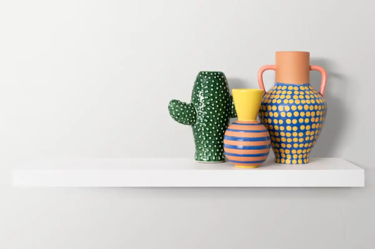 Colorful ceramic vases in various shapes and patterns sit on a white shelf against a light gray wall.