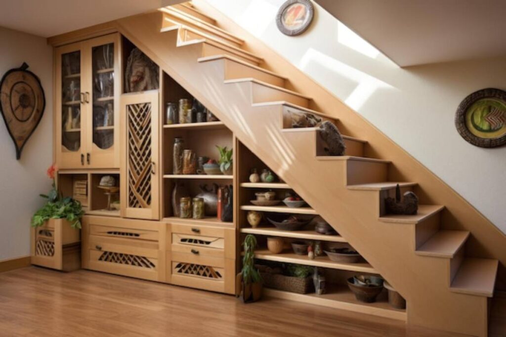 Wooden staircase leading to a cozy, well-organized corner with shelves showcasing pottery and decorative items beneath the steps.