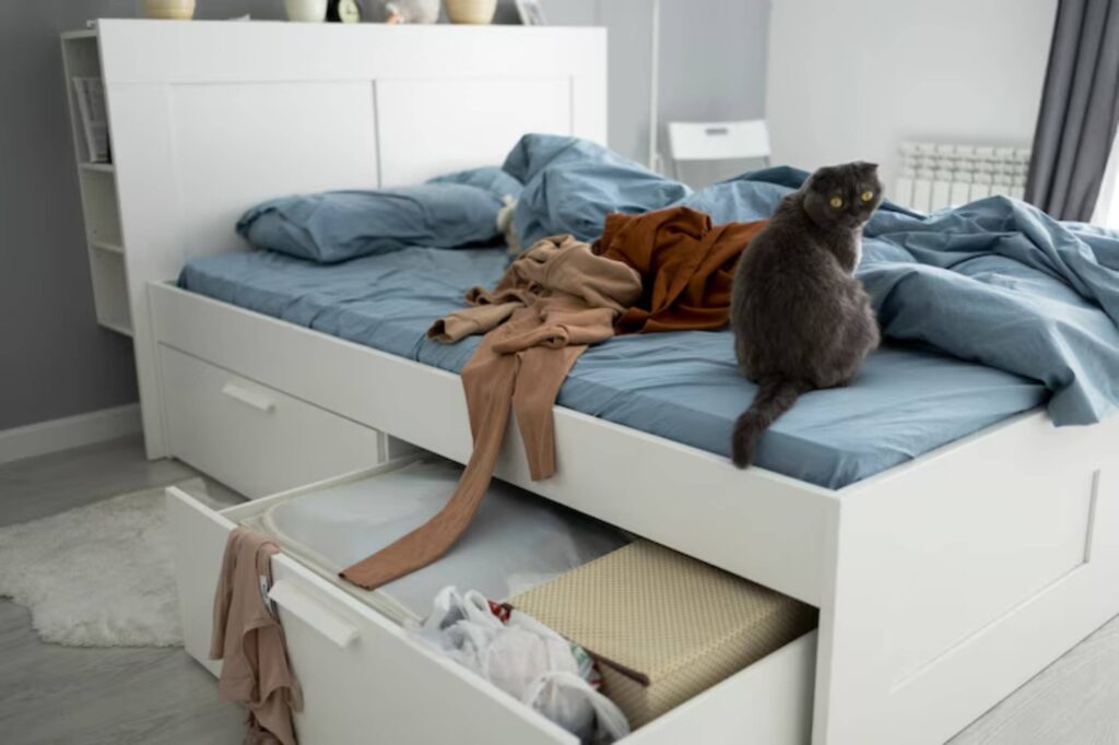 A cozy bedroom with a messy bed, featuring wrinkled blue sheets, a brown garment, and a curious gray cat sitting on the edge.