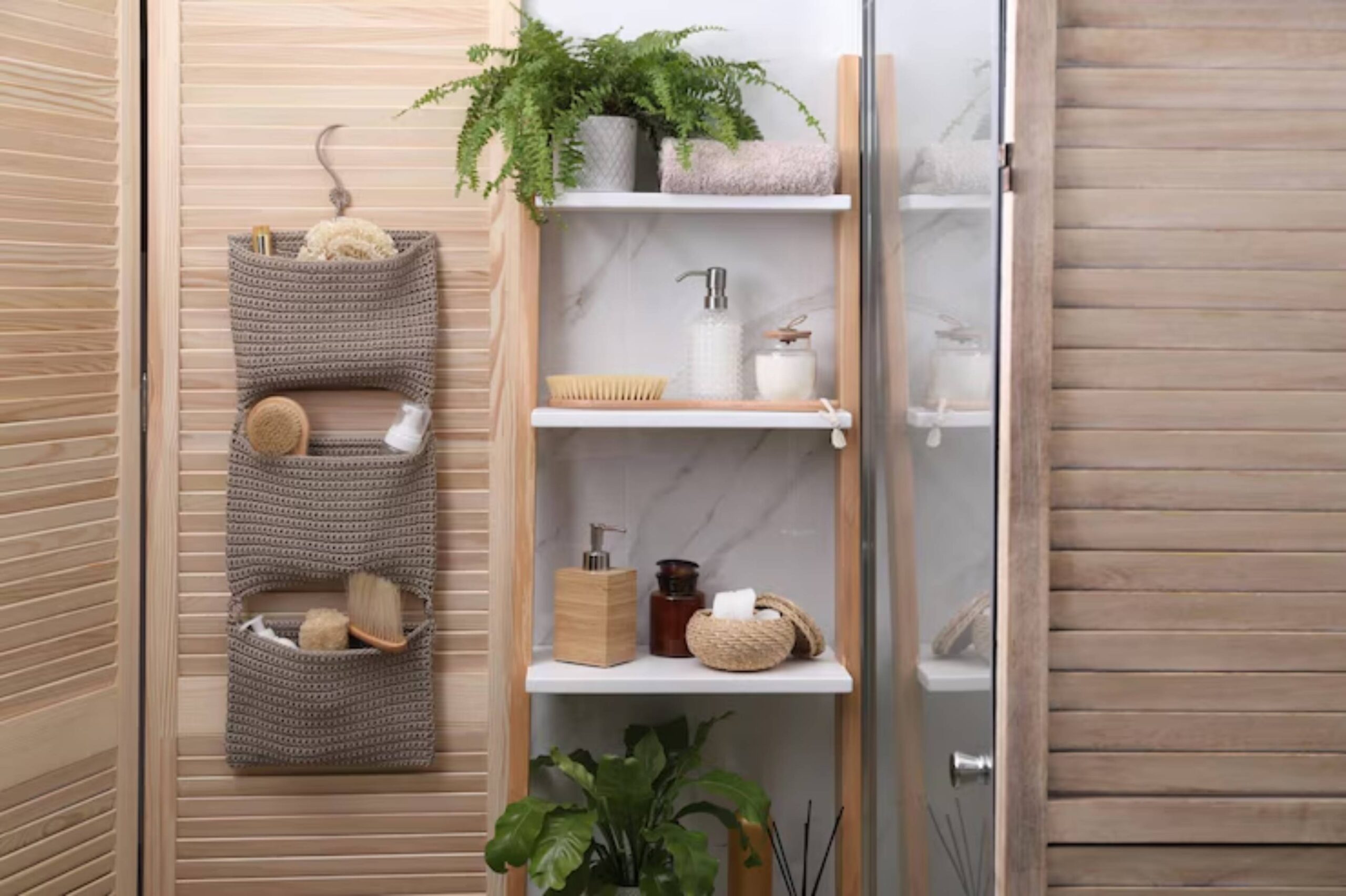 A stylish bathroom corner with a woven organizer, wooden shelves, toiletries, a plant, and natural decor elements on marble walls.