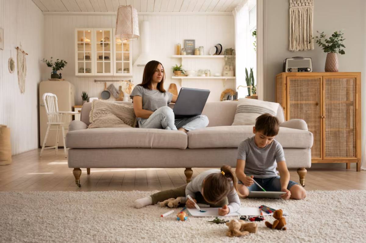 A cozy living room with a couch and large rug, where a woman works on a laptop while children draw and play on the floor.