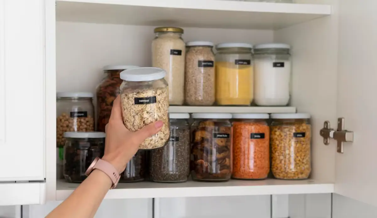 A hand holds a jar of oatmeal in a well-organized pantry filled with labeled glass jars of various dry goods and ingredients. 