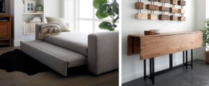 A modern, versatile gray sofa bed and a sleek wooden console table with a simple design, set in a bright, airy living space.