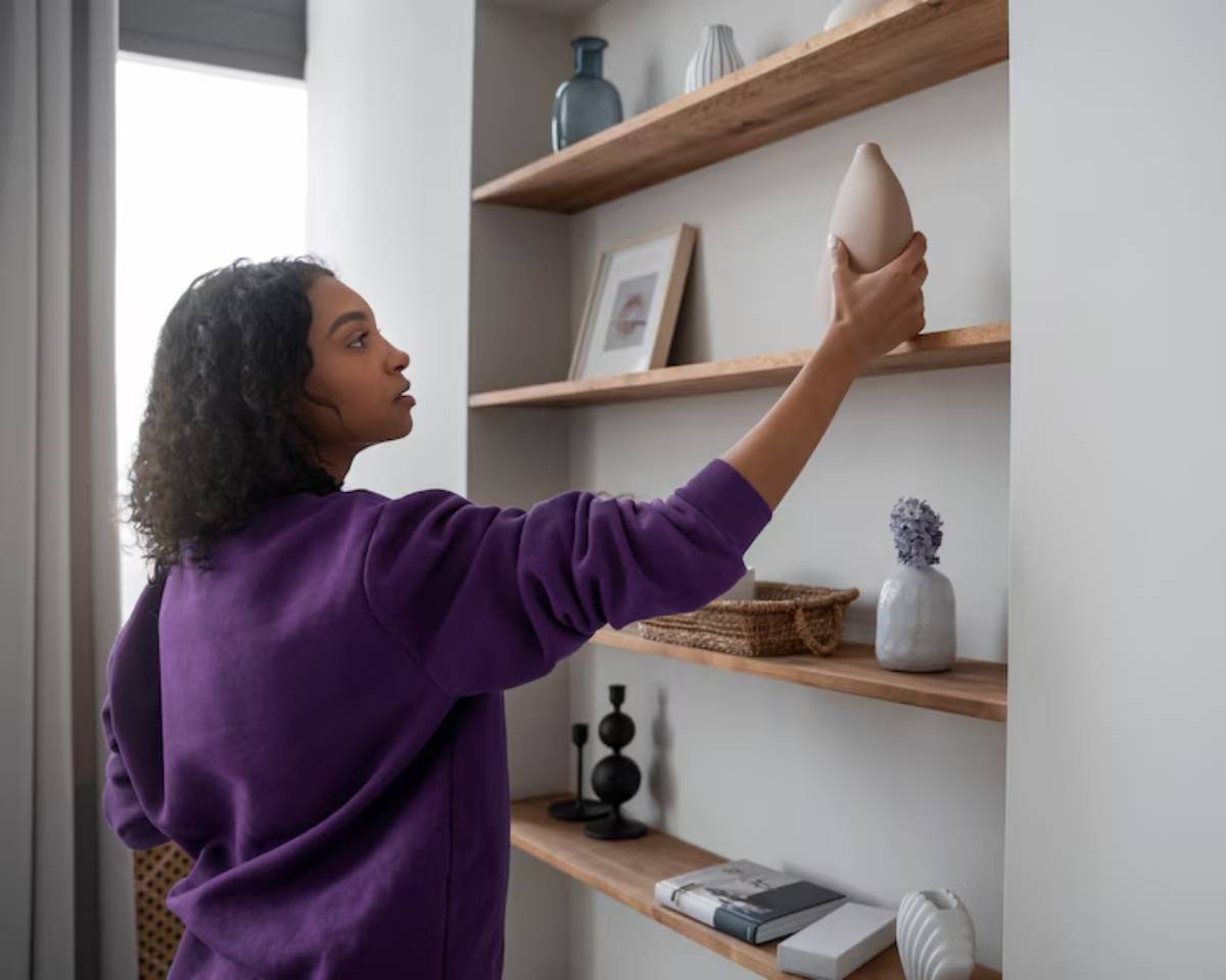 A person in a purple sweater places a pale vase on a wooden shelf adorned with decorative items and books in a bright room. 