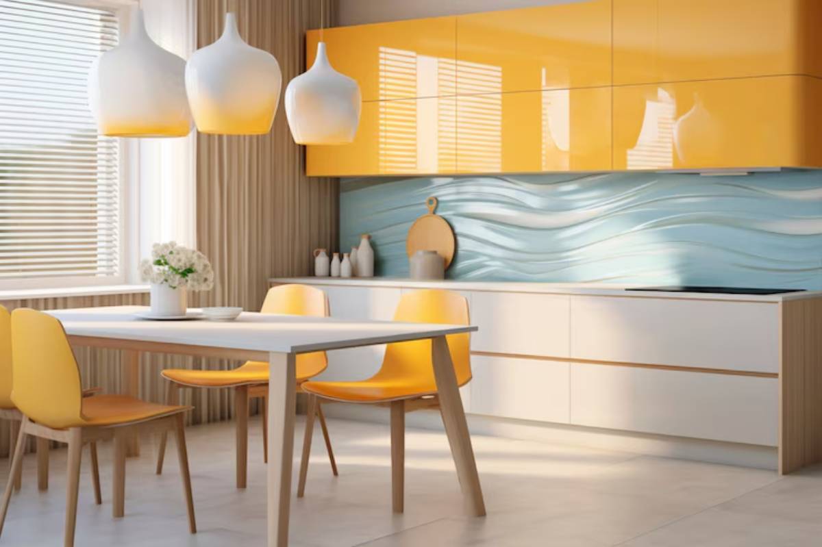  A bright and modern kitchen featuring yellow cabinets, white pendant lights, and a textured blue backsplash, with a white dining table and chairs.