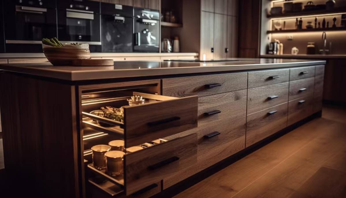 Modern kitchen with wooden cabinets, glowing drawers revealing spices and vegetables, elegant lighting, and sleek appliances. 