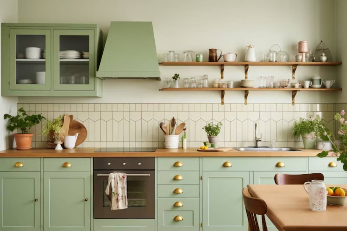 Stylish green kitchen with wooden counters, shelves of glassware, plants, and modern appliances, creating a cozy atmosphere.
