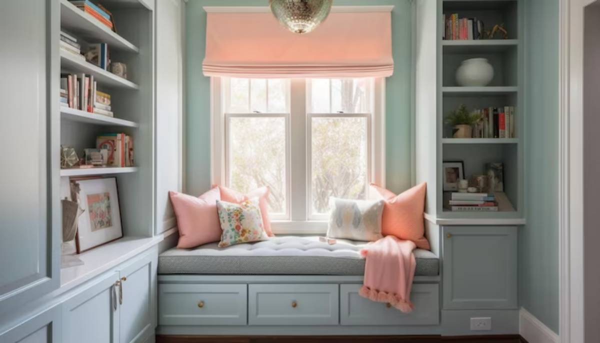  Cozy reading nook with pastel blue walls, cushioned bench, colorful pillows, and bookshelves filled with books and decor.