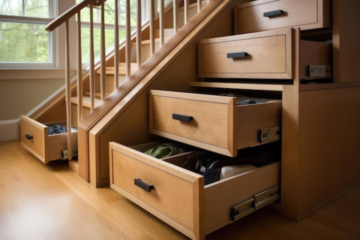 Under-stair storage drawers made of light wood, partially open, showcasing organized clothing and a staircase in the background. 