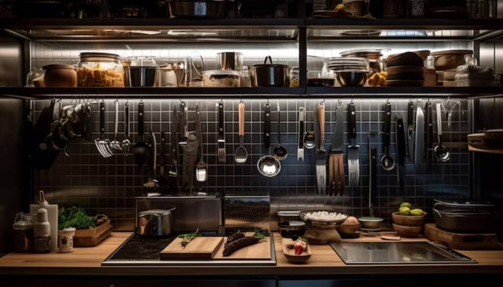 A modern kitchen with sleek tools and organized shelves, featuring pots, cutlery, spices, and fresh ingredients on display.