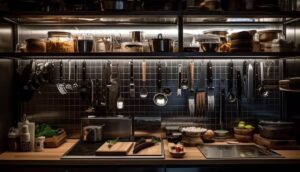 A modern kitchen with sleek tools and organized shelves, featuring pots, cutlery, spices, and fresh ingredients on display.