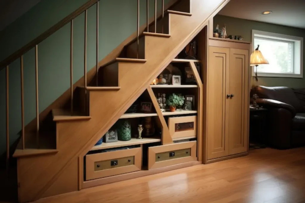 Cozy under-stair storage with wooden shelves and drawers, decorated with plants and pictures, beside a brown leather couch.