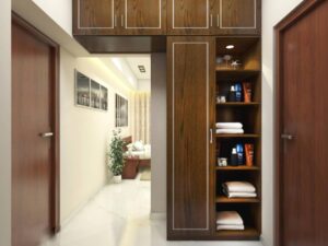A modern hallway featuring dark wooden doors and cabinetry, with shelves displaying toiletries and towels, leading to a cozy living space.