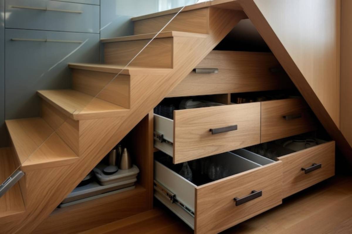 Under-stair storage with sleek wooden drawers; a modern design featuring light wood and minimalist hardware for tidy organization. 