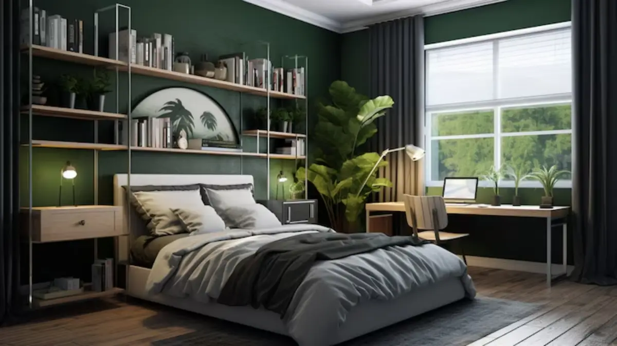Cozy bedroom with green walls, a stylish bed, bookshelves, plants, and a desk by the window, creating a modern, inviting atmosphere. 