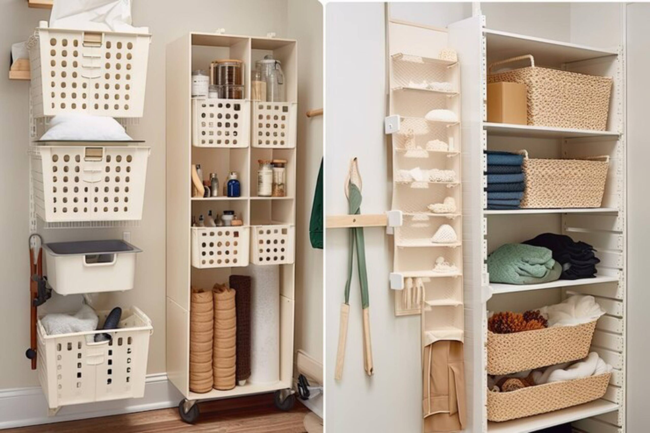 Two organized storage areas featuring baskets and shelves; one side has laundry and supplies, the other holds textiles and decor items.
